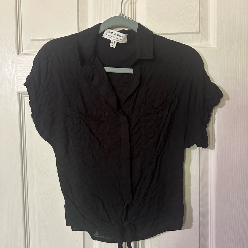Anthropologie Black Ruched Notched Collar Top